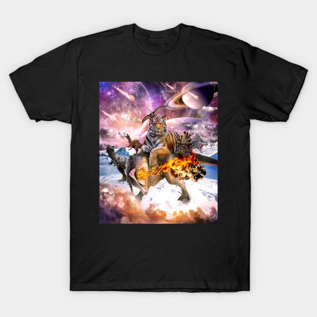 Big Cat Tiger Riding Dinosaur In Space T-Shirt by Random Galaxy